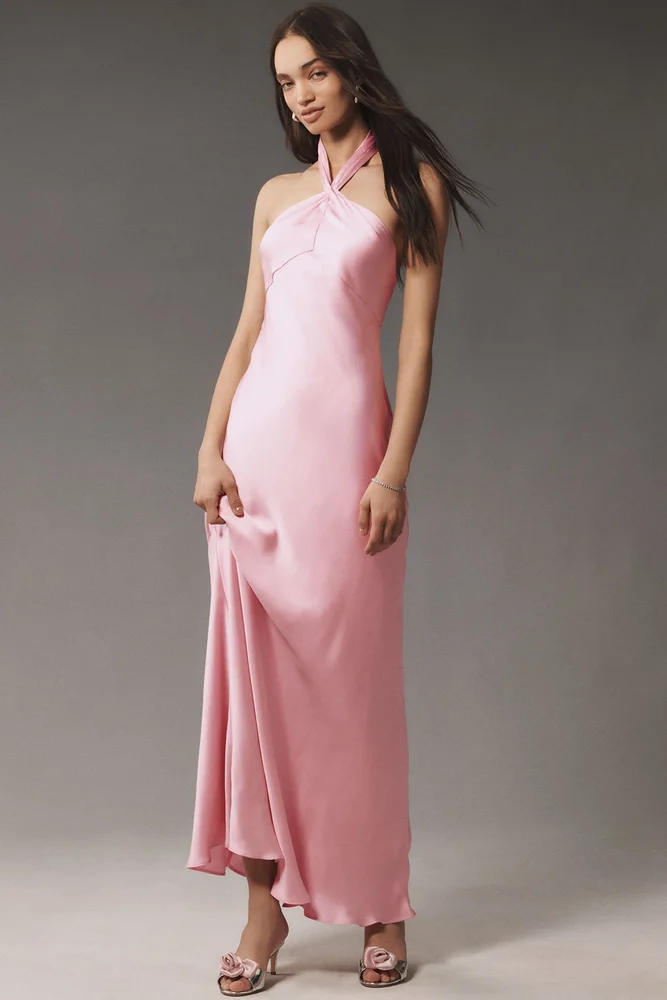 Selma Halter-Neck High-Shine Satin Maxi Dress