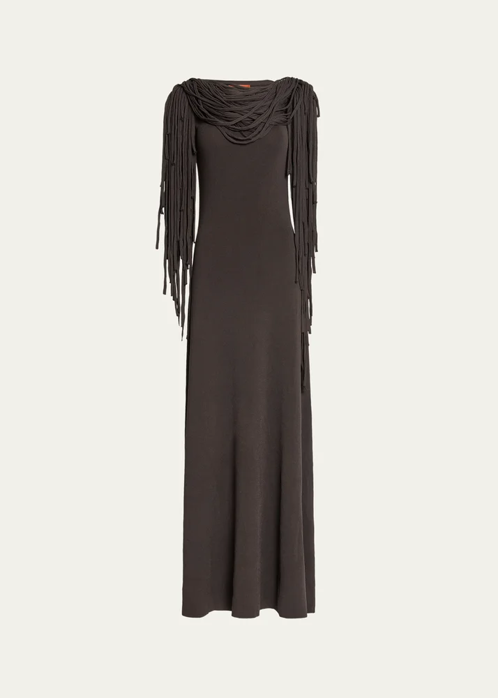Chaney Fringe Cowl-Neck Gown