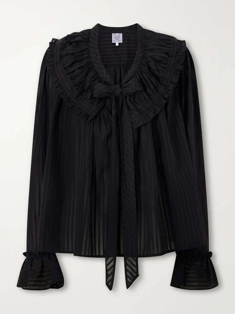 Dauphine ruffled striped cotton-voile blouse