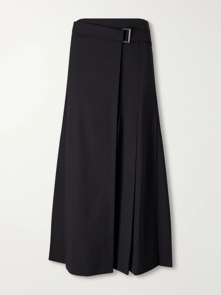 Pleated wool-blend wrap midi skirt