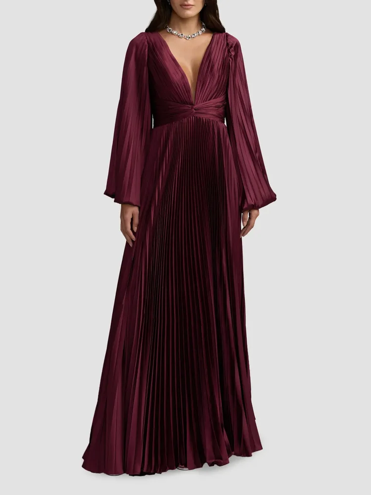 Pleated Charmeuse Deep V-Neck Gown