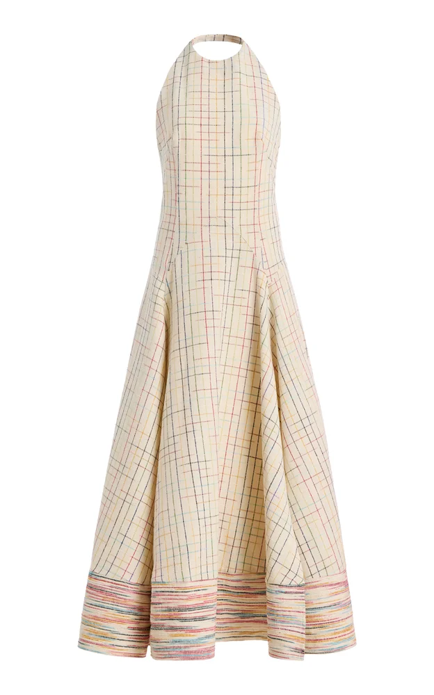 Full Sweep Checked Silk Maxi Halter Dress