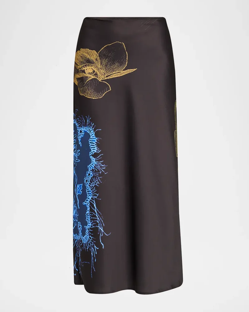 Printed Crepe Satin Bias Midi Skirt