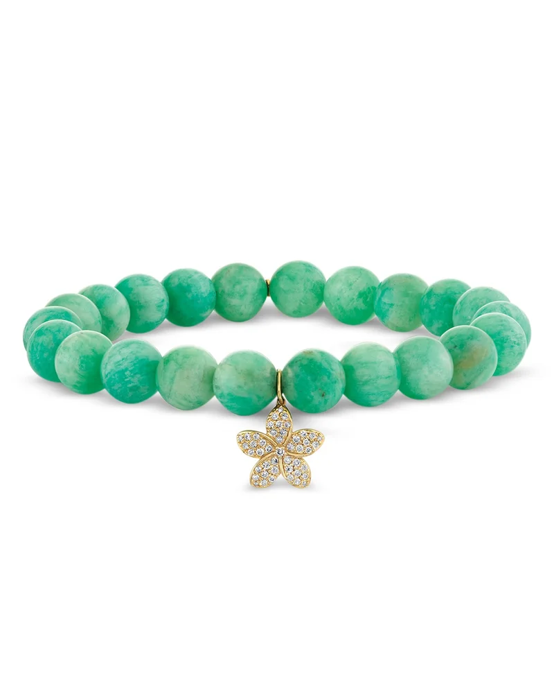 14K Yellow Gold Russian Amazonite & Diamond Plumeria Flower Charm Beaded Stretch Bracelet