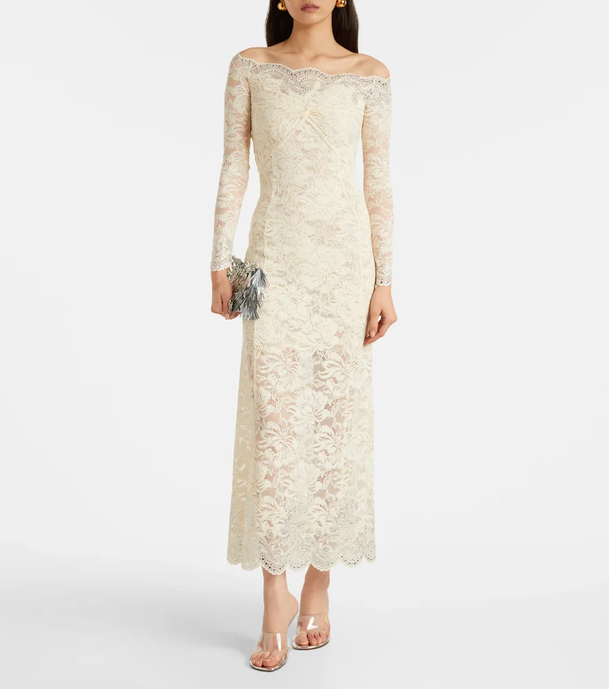 Bridal embellished off-shoulder lace midi dress