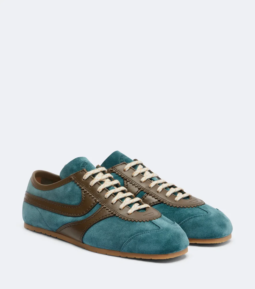 Leather-Trimmed Suede Sneakers, Teal