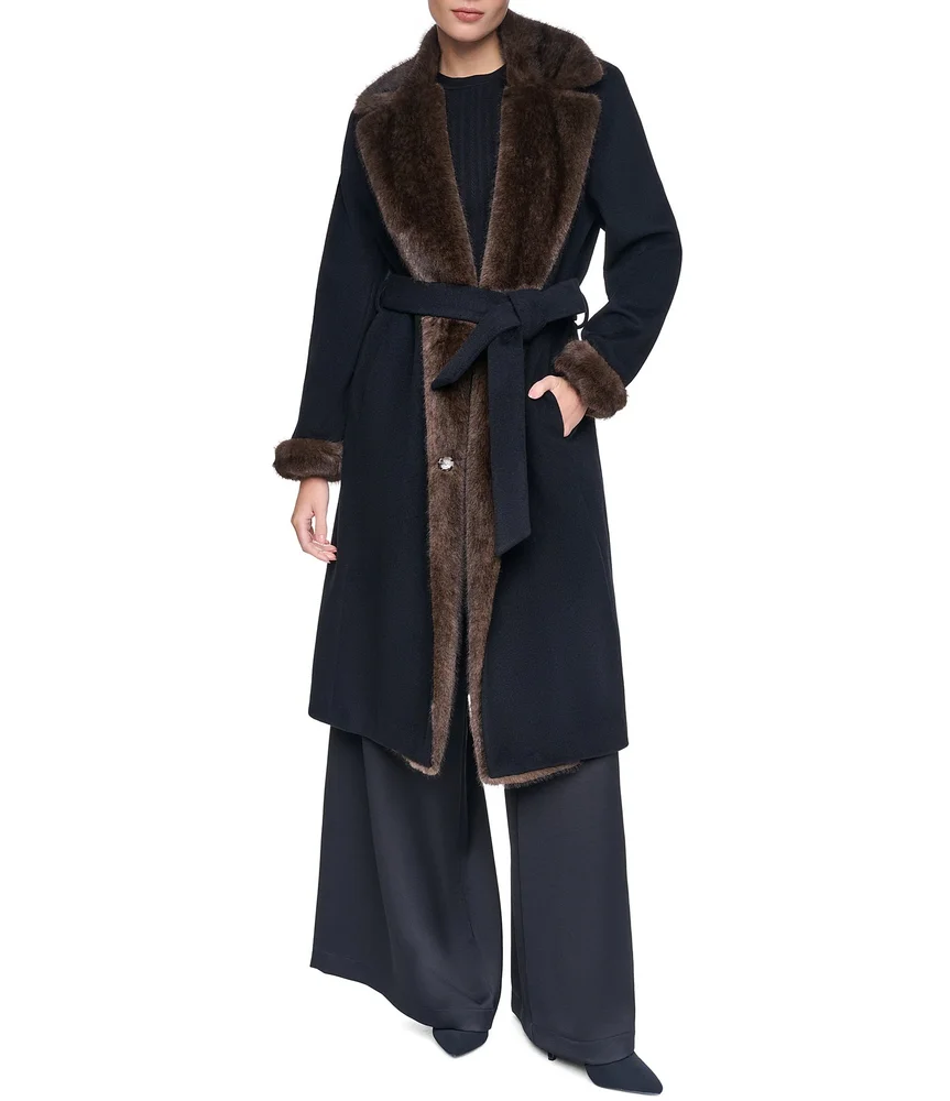 Wool Blend Faux Fur Trim Notch Collar Belted Wrap Coat