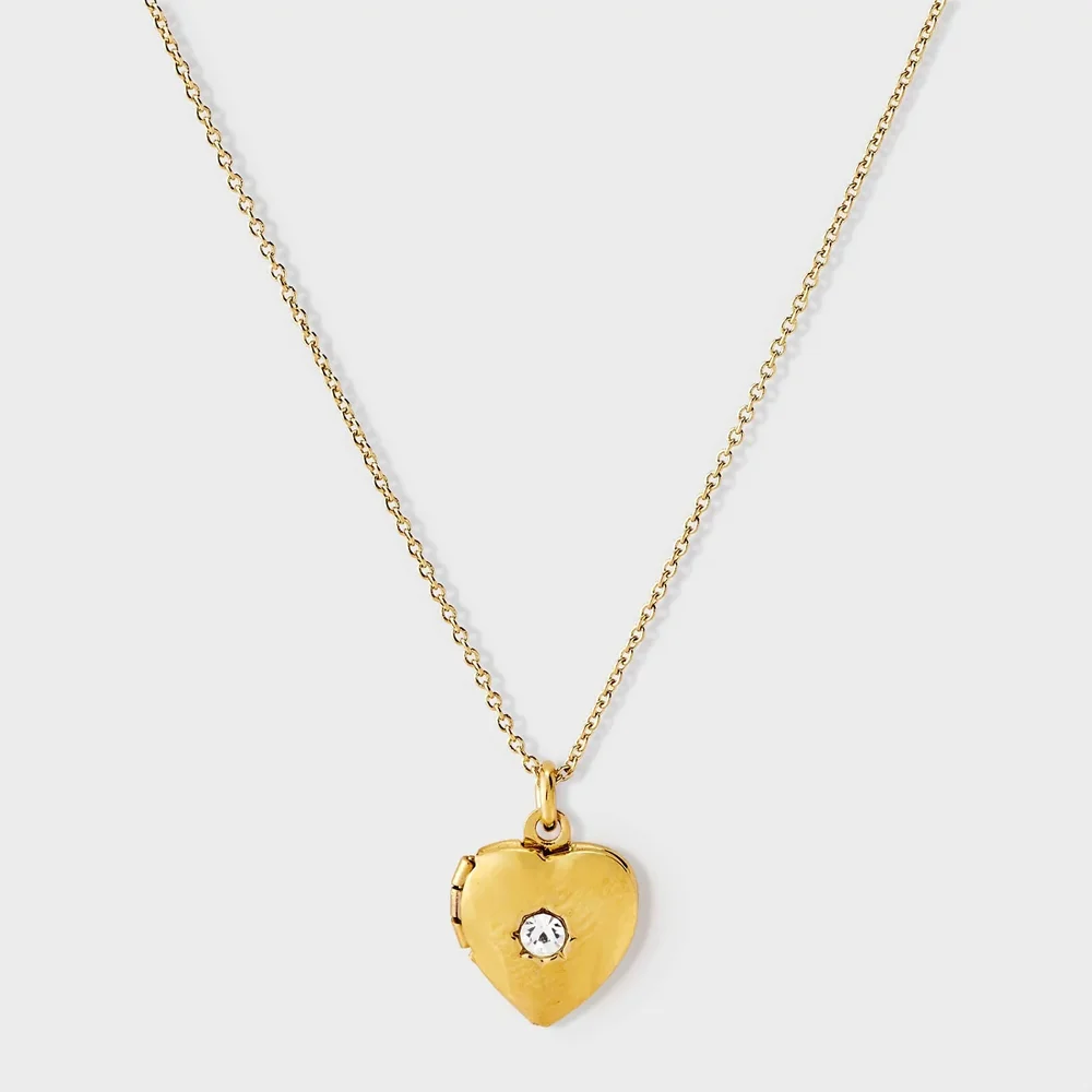14K Gold Ion Plated Heart with Crystal Locket Necklace