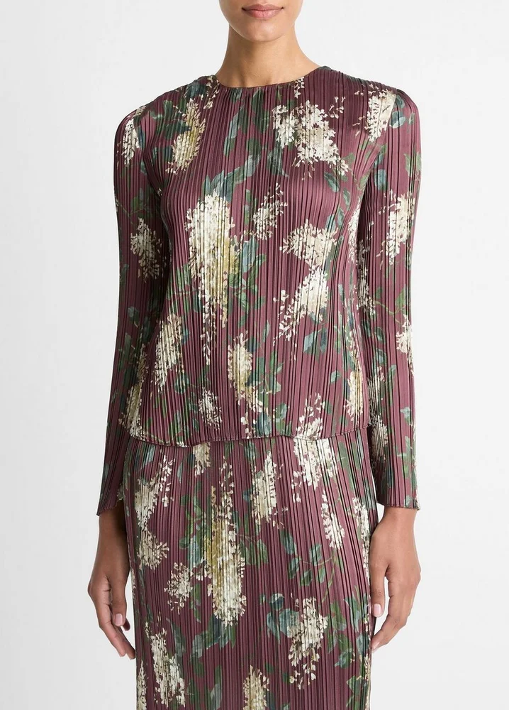 Lilac-Print Micro-Pleated Satin Top