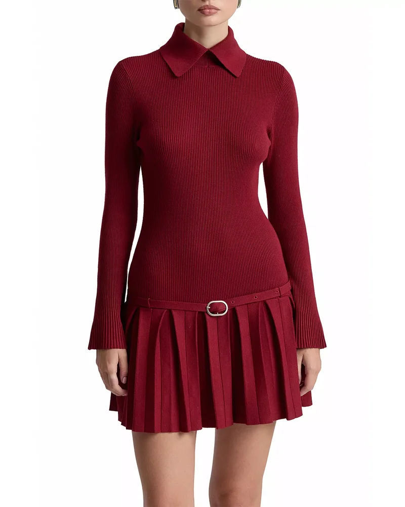 Belted Drop Waist Pleated Sweater Dress