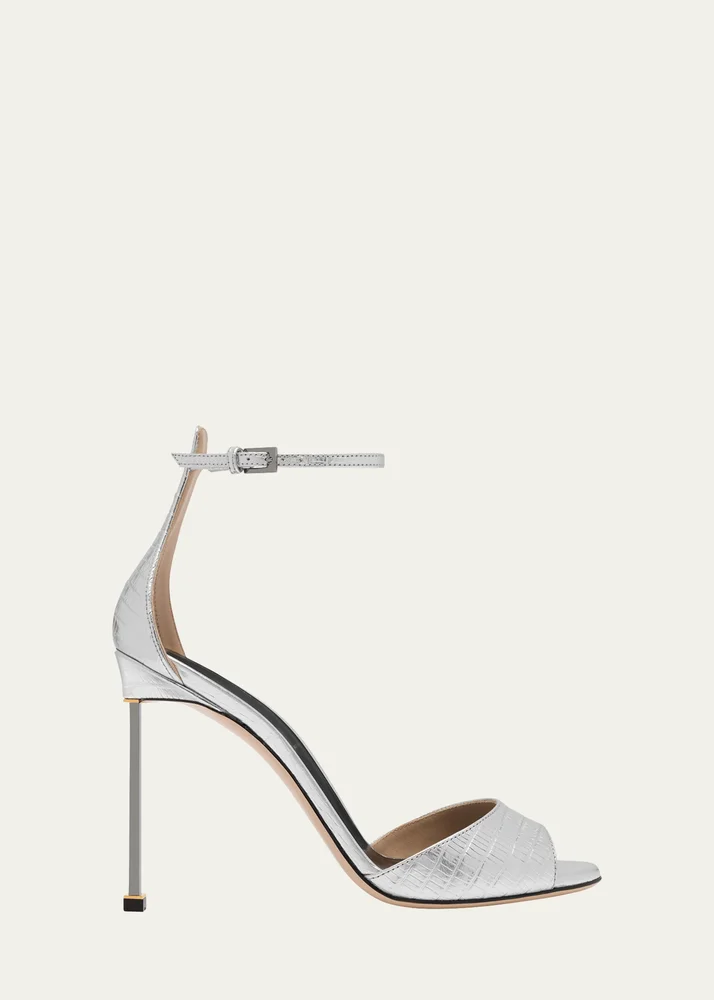 105mm Embossed Metallic Leather Ankle-Strap Sandals