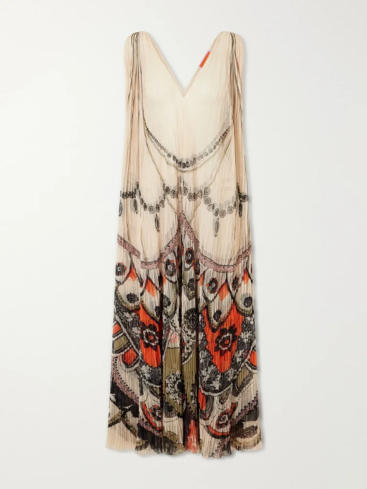 Twirling pleated printed tulle midi dress