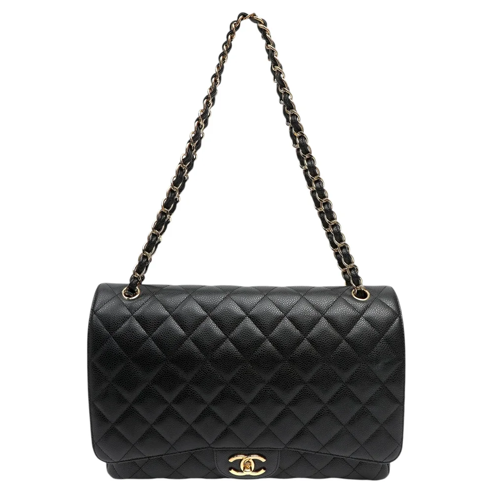 Pre-Owned Maxi Classic Black Caviar Double Flap Bag, Gold Hardware