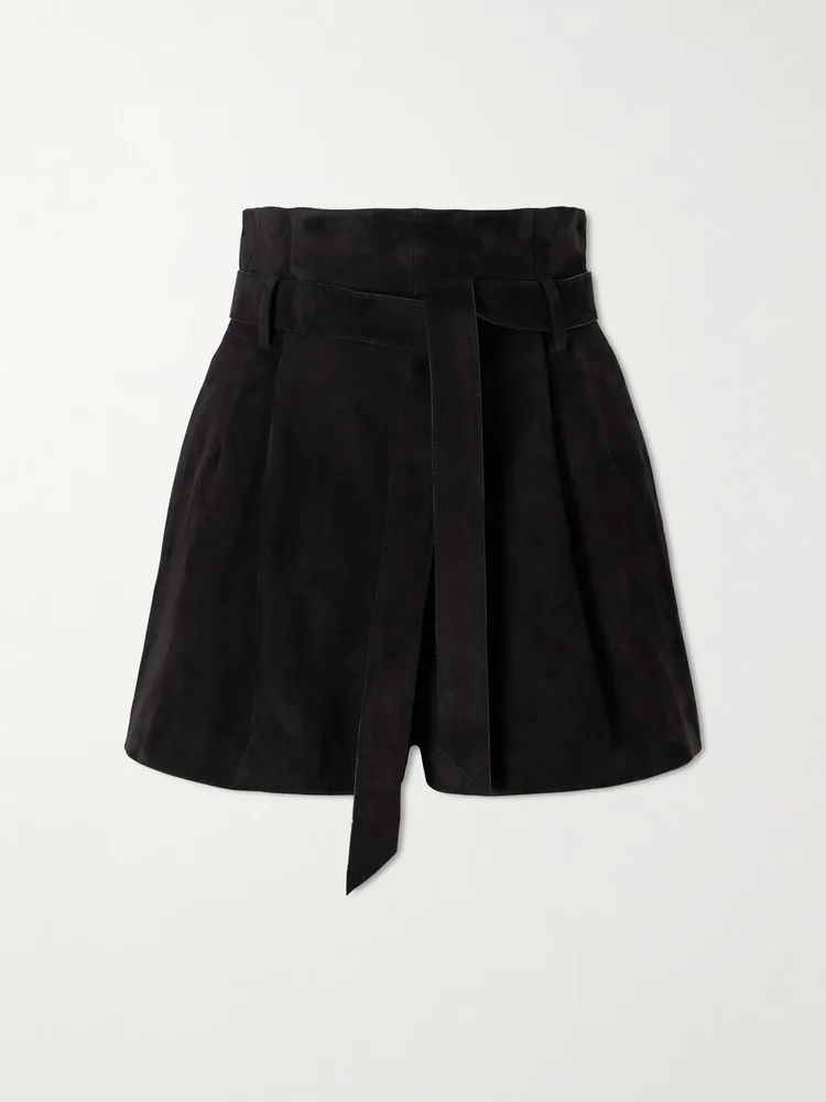 Livia belted pleated suede shorts