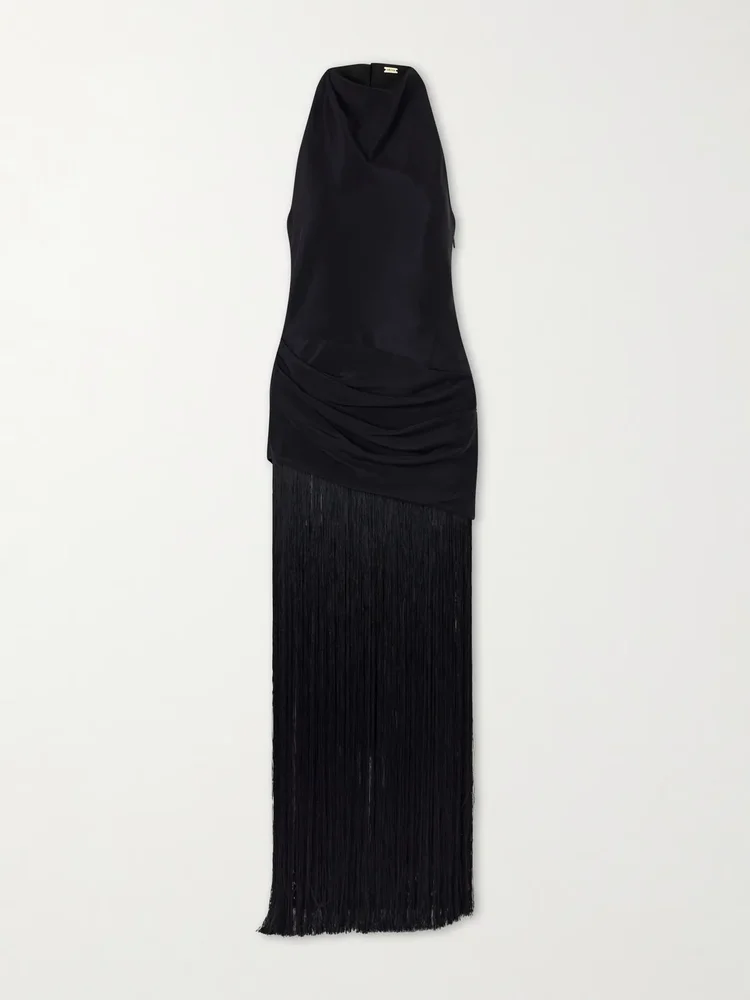 Noosha fringed silk halterneck maxi dress