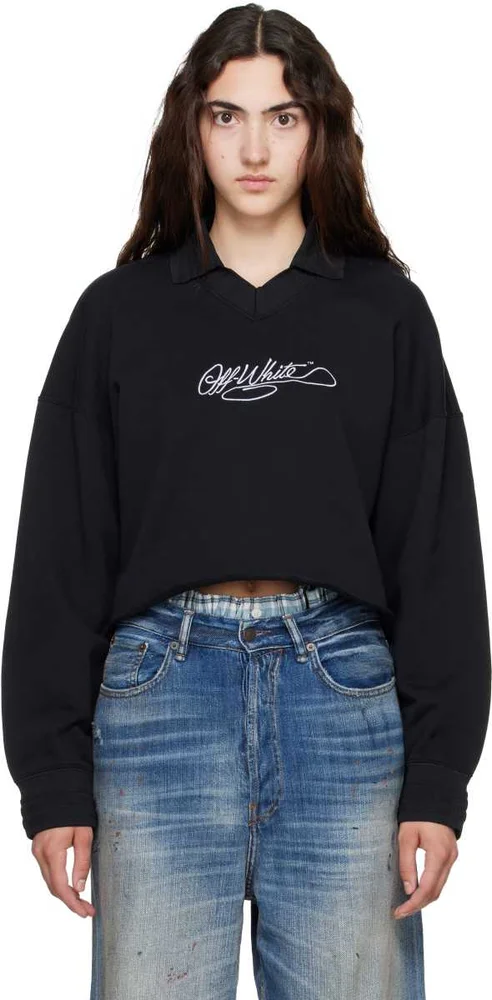 Black Embroidered Script Crop Polo