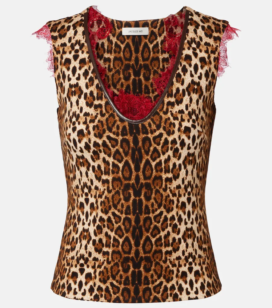 Lace-trimmed leopard-print top