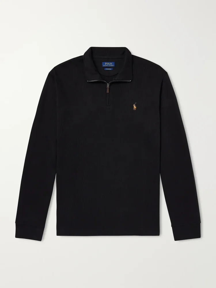 Logo-Embroidered Ribbed Cotton Half-Zip Sweater