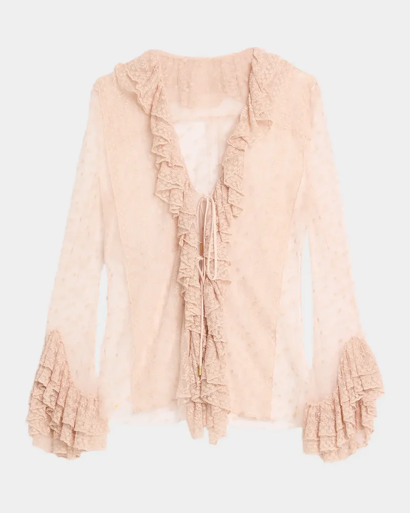 Long-Sleeve Ruffle Lace Tie Blouse