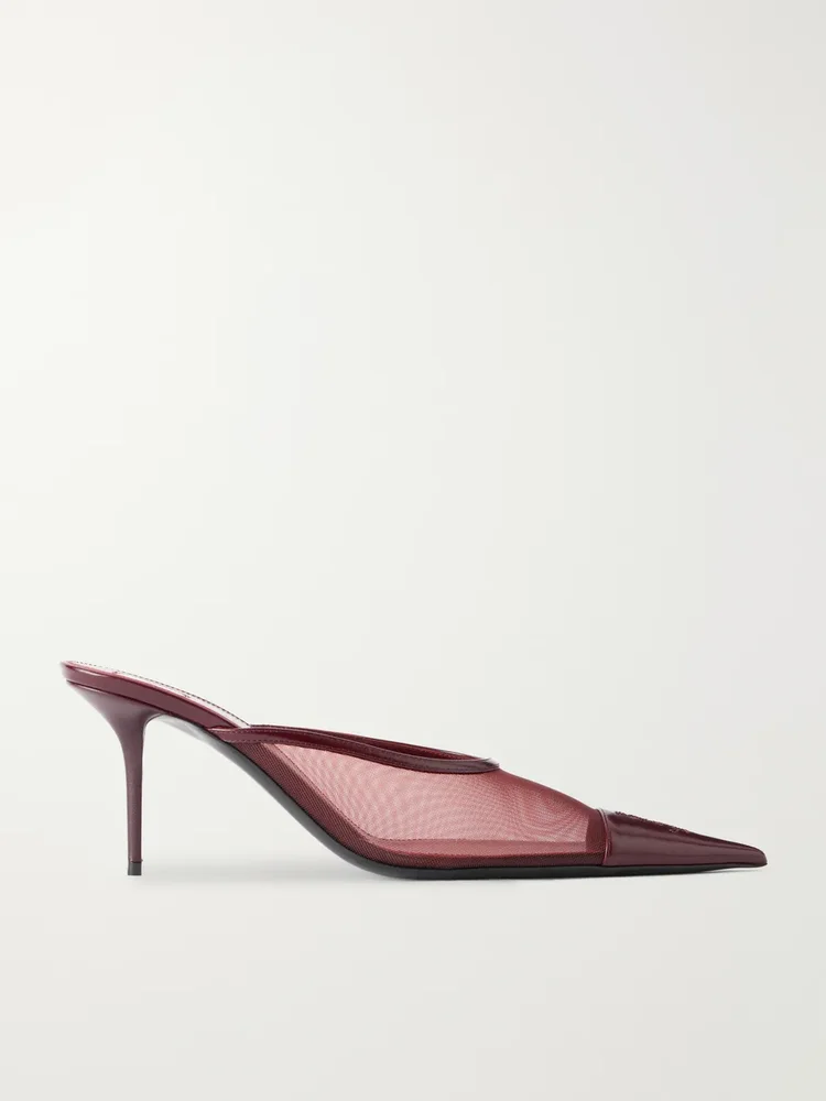 Renée Cassandre-embroidered patent leather-trimmed mesh mules