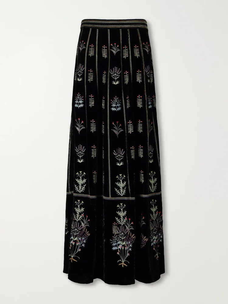 camille agra flower embroidered velvet midi skirt