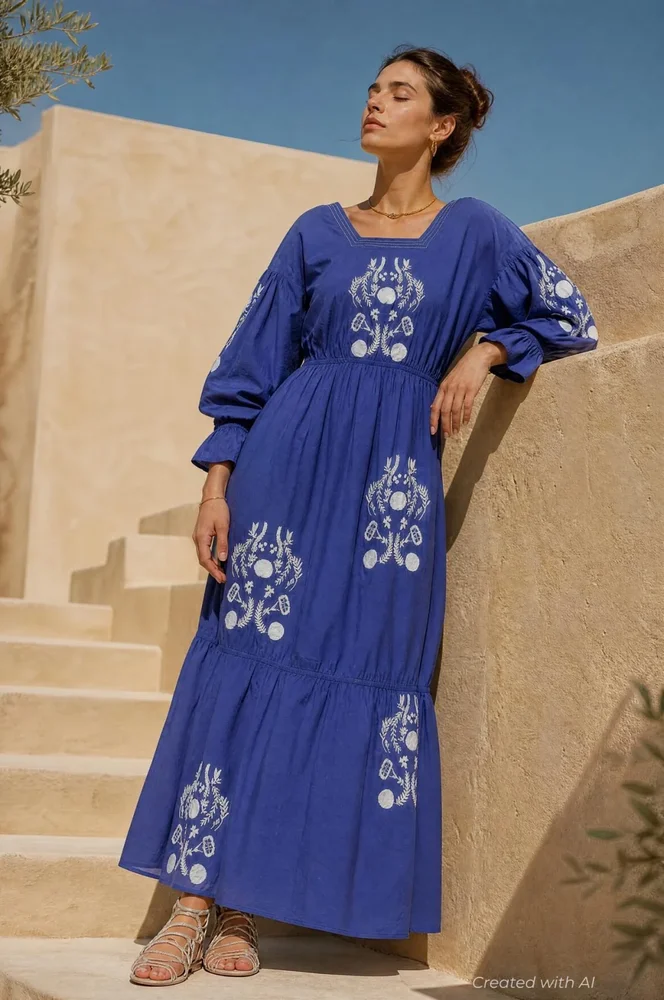 Embroidered Tiered Long Sleeve Maxi Dress - Navy Combo