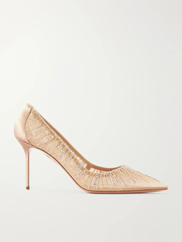 Soft Sky 85 crystal and bead-embellished satin-trimmed mesh pumps