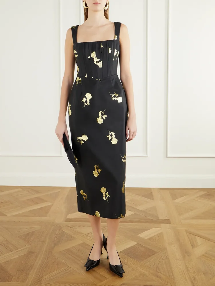 Mariya floral-embroidered corset midi dress