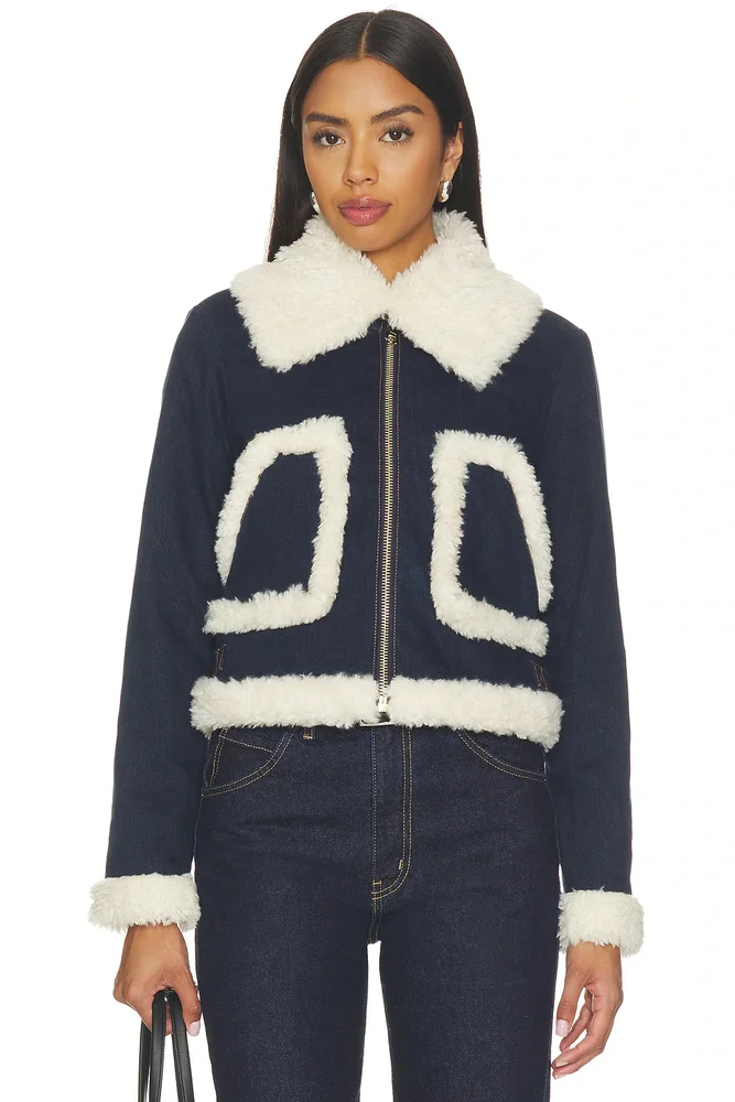 Isaiah Faux Shearling Cropped Aviator Denim Jacket