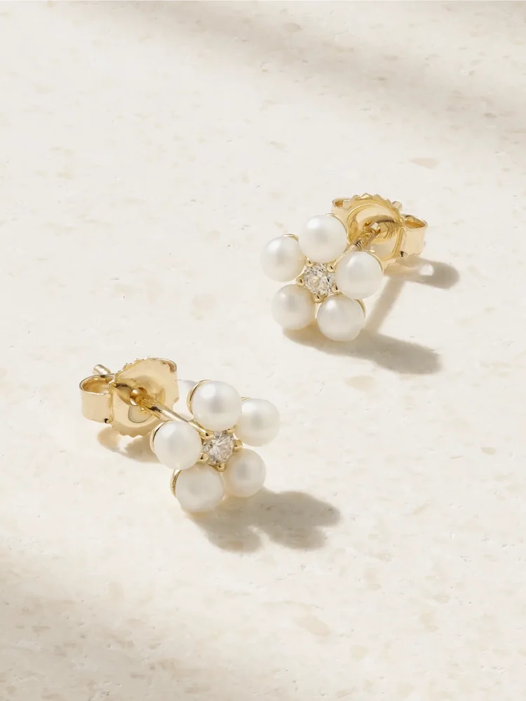 14-karat gold, pearl and diamond earrings