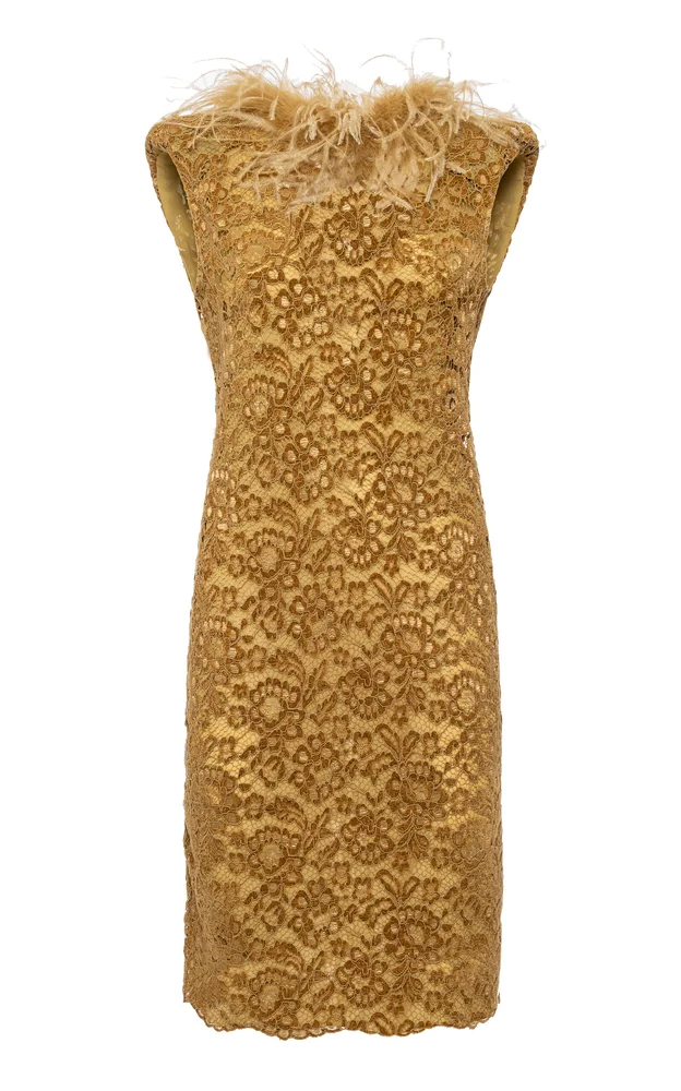 Feather-Trimmed Lace Mini Dress