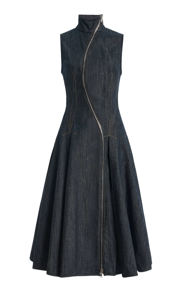 Curved Zipper Denim Midi Dress