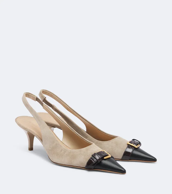 Leather-trimmed suede slingback pumps