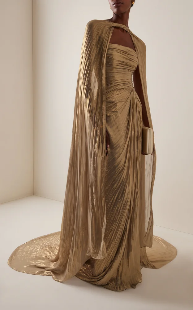 Cape-Detailed Pleated Lamé Gown