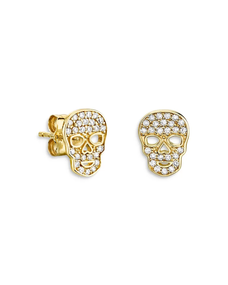 14k Yellow Gold Diamond Skull Stud Earrings