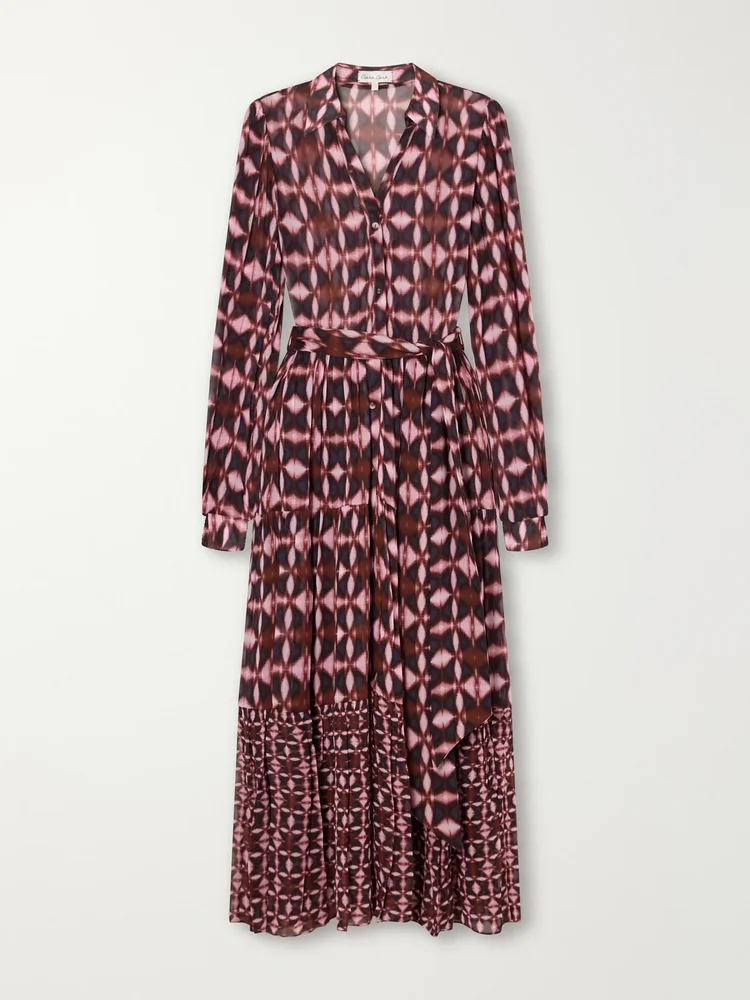 Barbara belted printed crepe de chine midi dress