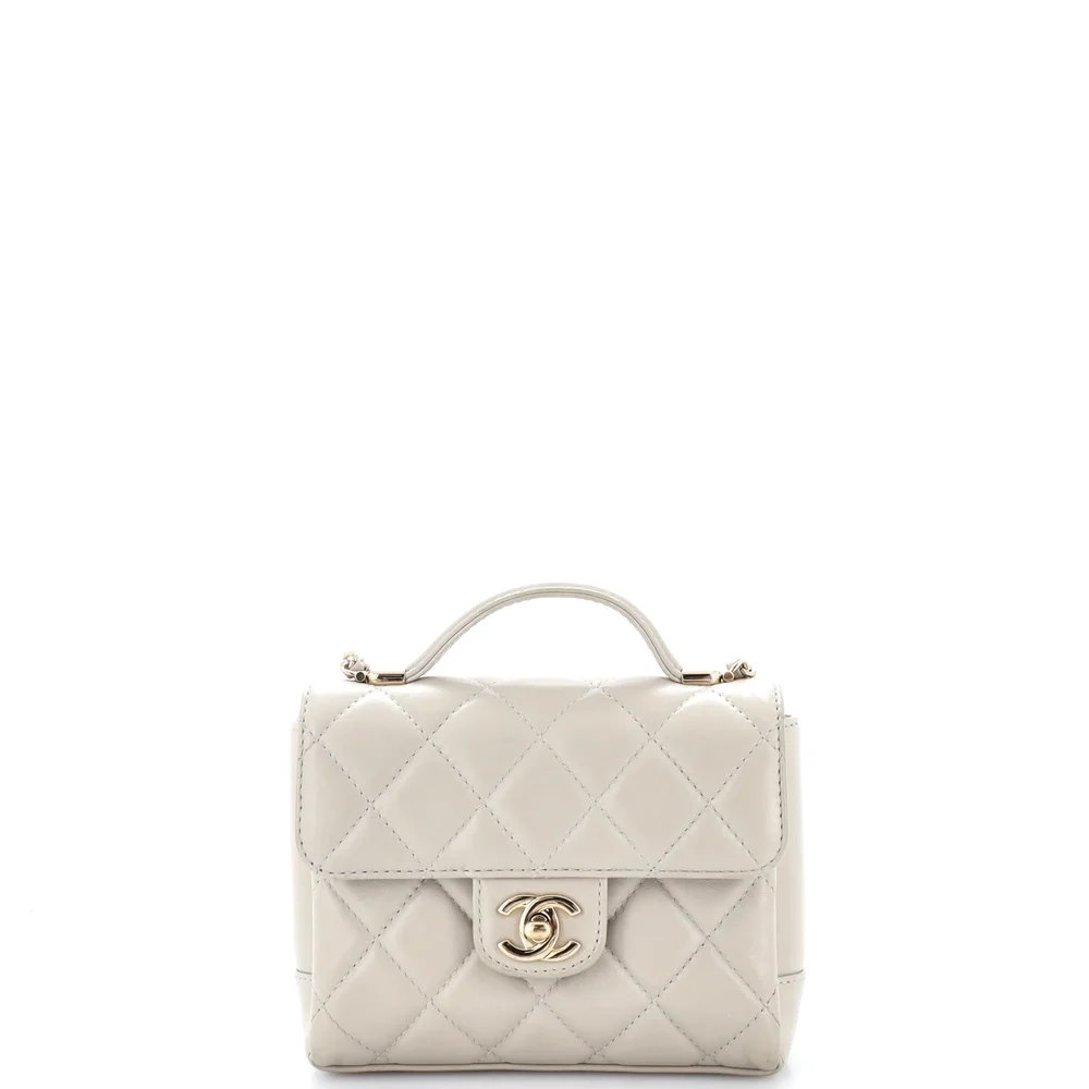 Pre-Owned Chanel Square Classic Single Flap Top Handle Bag Quilted Lambskin Mini