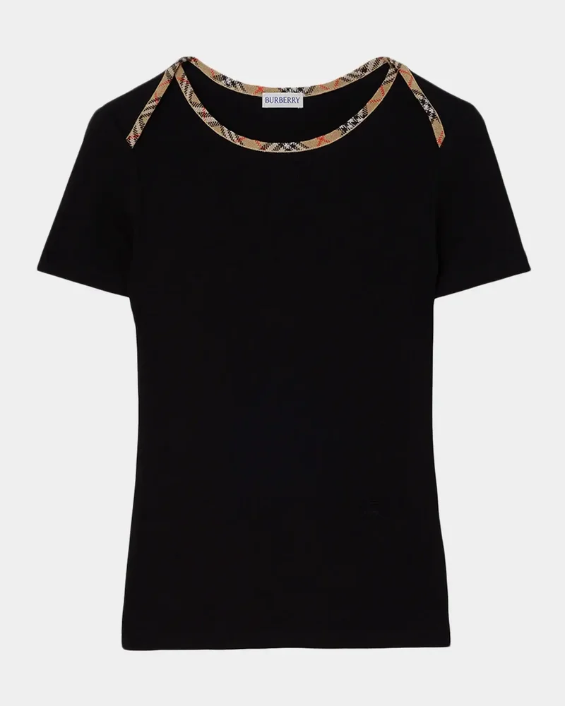 Stephanie Check-Trim Cotton Rib T-Shirt