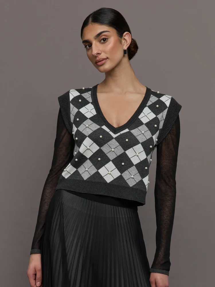 Nomia Plaid Pearly V-Neck Sweater - Grey/Silver
