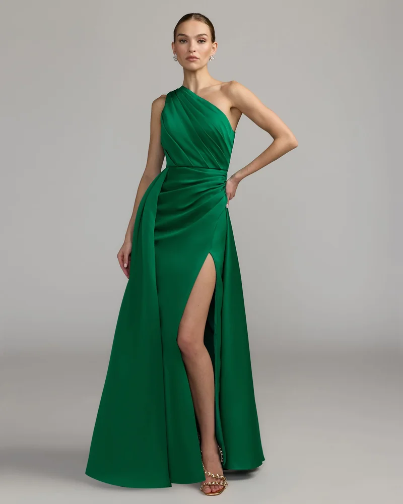 Emerald One Shoulder Satin Gown With Overskirt