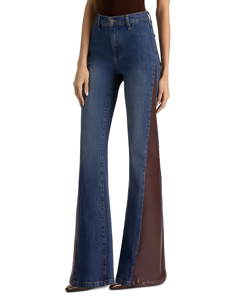 High Rise Faux Leather Godet Flare Jeans in Georgetta Vintage Blue/Dark Chocolate