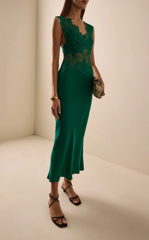 Exclusive Visions Lace-Inset Satin Midi Dress