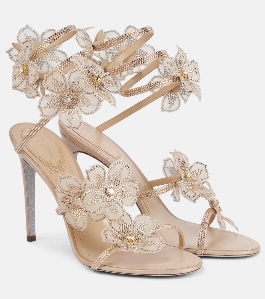 Peach Flower floral-appliqué satin sandals
