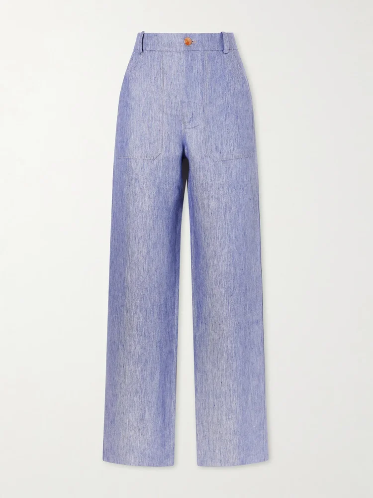 Linen-denim straight-leg pants