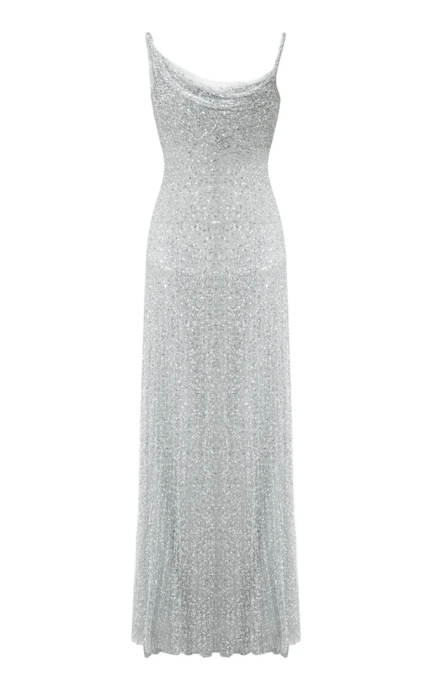 Cowl-Neck Embroidered Maxi Dress