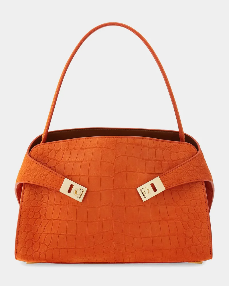 Hug Soft Suede Alligator-Effect Shoulder Bag
