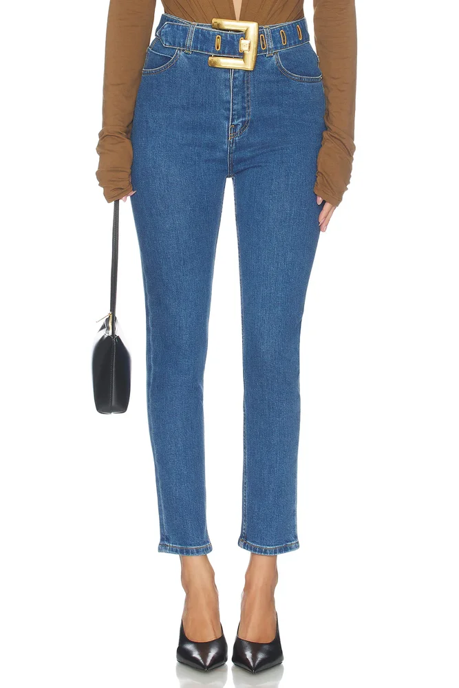 High Waist Dark Blue Denim Skinny Pants in Bleu Jean Fonce