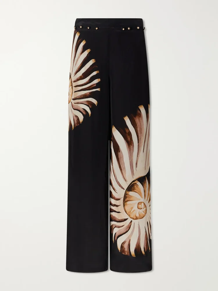 Ammonite Printed Embellished Habotai Wide Leg Pants