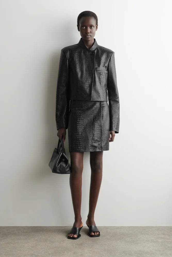 Cropped Croc-Effect Leather Blazer