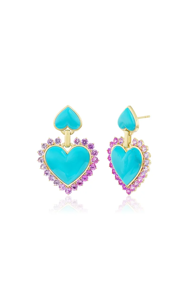 Queen of Hearts 18K Yellow Gold Sapphire And Turqoise Earrings